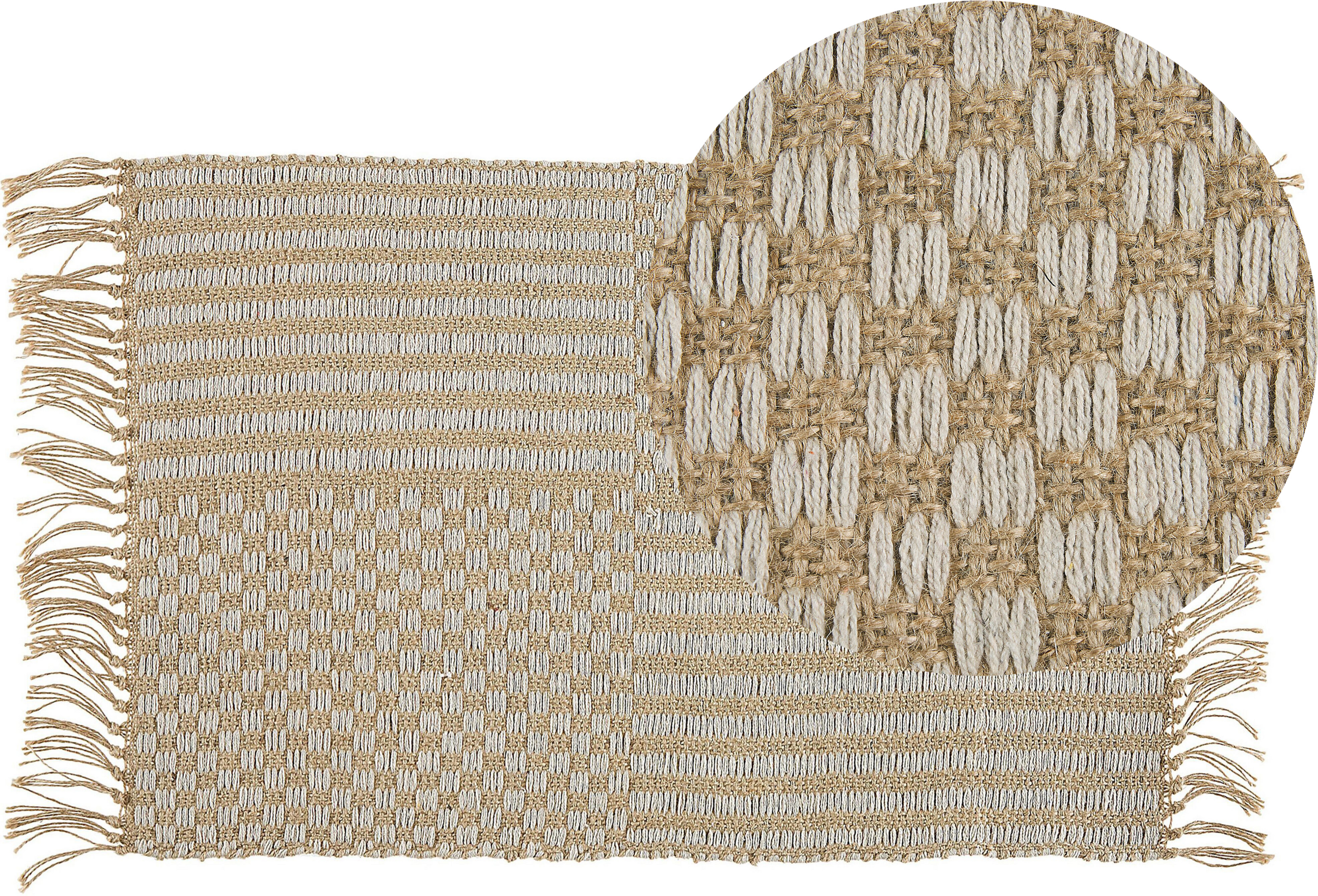 Beliani Runner Rug Beige Jute and Cotton 50 x 80 cm Fringed Hand Woven Boho Hallway Bedroom