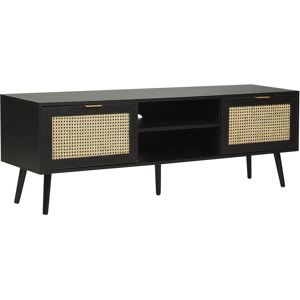 Beliani TV Stand Black Manufactured Wood with Rattan Fronts Wicker Weave Black Rubberwood Legs 2 Cabinets Open Shelves Boho Style Sideboard Living Room Material:MDF Size:40x52x150