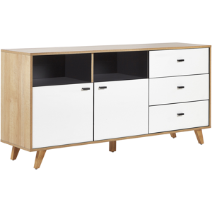 Beliani Sideboard Light Wood with White Engineered Wood Solid Wood Legs Storage Cabinets Drawers Scandinavian Material:Particle Board Size:40x76x155