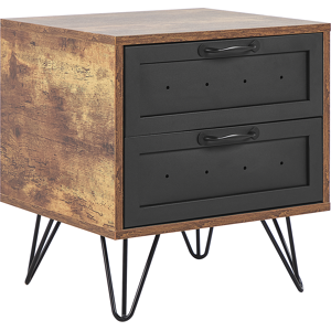 Beliani Bedside Table Dark Wood with Black Particle Board 2 Drawers Nightstand Hairpin Legs Industrial Style Bedroom Furniture Material:Particle Board Size:39x48x45