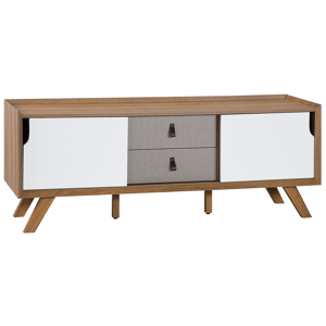 Beliani Sideboard Light Wood Veneer 56 x 147 x 42 cm with 2 White Sliding Doors and 2 Grey Drawers Material:MDF Size:42x56x147