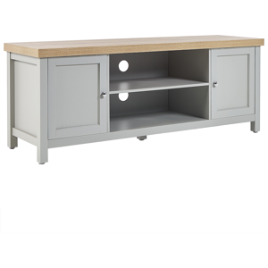 Beliani TV Stand Grey and Light Wood Particle Board 130 cm Living Room Furniture Shelves Doors Cable Management Scandinavian Modern Style Material:Particle Board Size:39x51x130