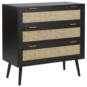 Beliani Rattan 3 Drawer Chest Black Manufactured Wood with Rattan Front Drawers Sideboard Front Black Rubberwood Legs Boho Style Living Room Material:MDF Size:40x80x80