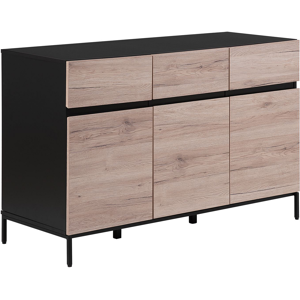 Beliani Sideboard Light Wood with Black Top 3 Drawers Cabinets Chest of Drawers Material:MDF Size:48x80x120