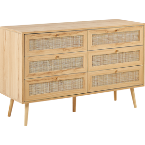 Beliani Rattan 6 Drawer Chest Light Wood Manufactured Wood with Rattan Front Drawers Boho Style Sideboard Material:Rattan Size:42x75x120