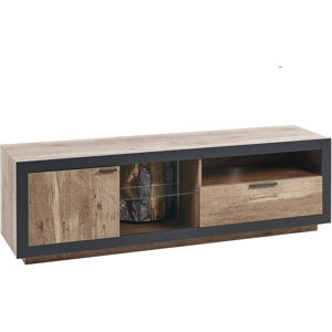 Beliani TV Stand Light Wood and Black Manufactured Wood Drawer Cabinet Backlight Function Boho Style Sideboard Material:MDF Size:42x51x160