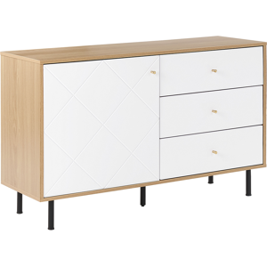 Beliani Sideboard Light Wood with White 118 x 40 cm 3 Drawer 1 Cabinet Scandinavian Glam Material:MDF Size:39x77x120