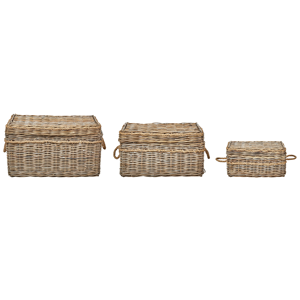 Beliani Set of 3 Baskets Natural Rattan with Rope Handles and Lids Handmade Wooden Frame Boho Style Living Room Bedroom Material:Rattan Size:30/40/50x30/40/49x56/70/83