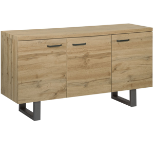 Beliani Sideboard 3 Door Light Wood with Grey Sled Metal Base Aluminium Handles Freestanding Cabinet with Shelves Home Storage Unit Industrial Material:MDF Size:42x79x140