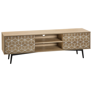 Beliani TV Stand Light Wood Veneer for up to 60ʺ TV with 2 Cabinets and Open Shelf Media Unit Material:MDF Size:40x50x160