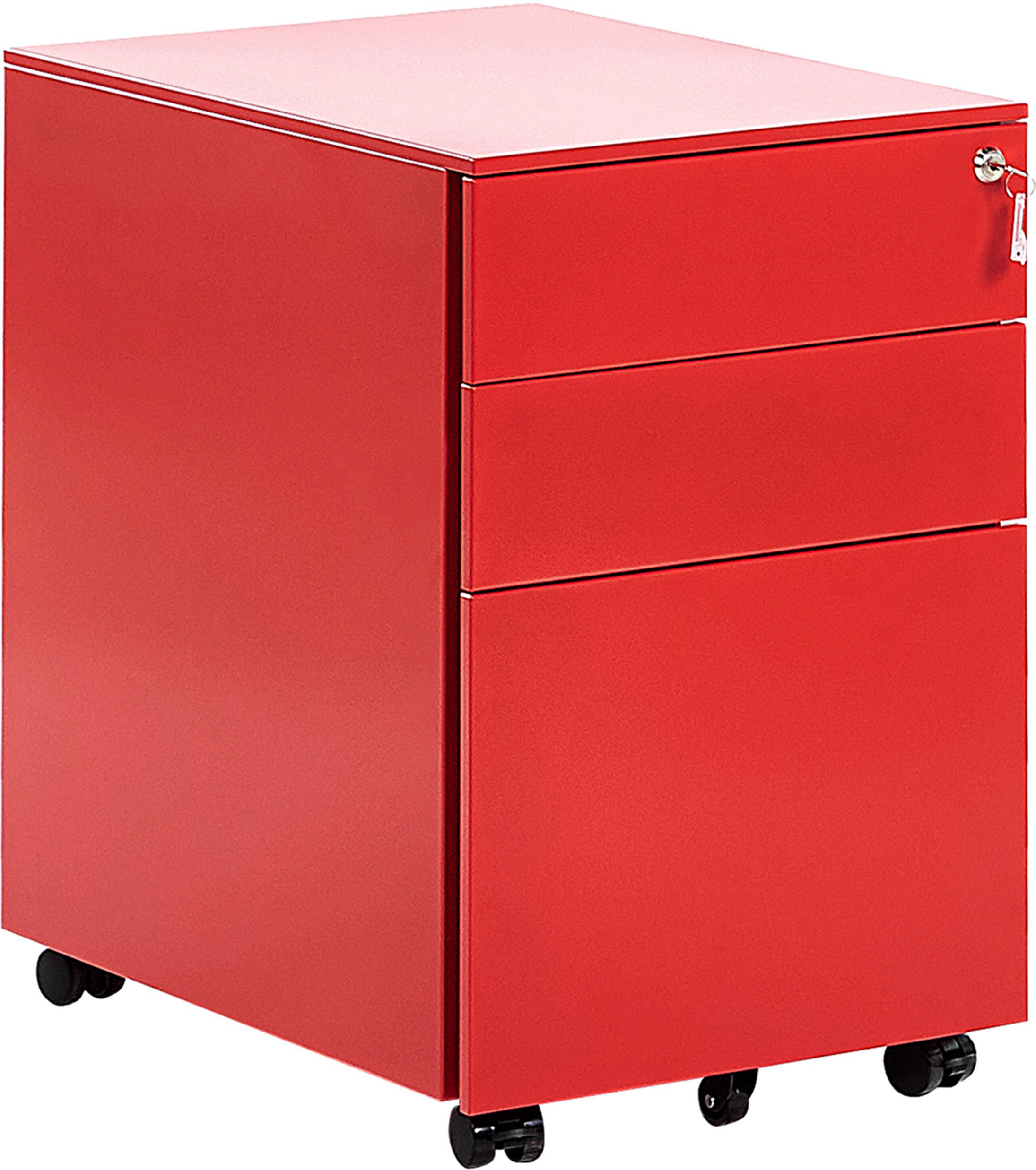 Beliani Storage Cabinet Red Metal 3 Drawers Key Lock Castors Industrial Office Material:Metal Size:50x60x39