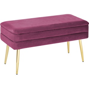 Beliani Bedroom Storage Bench Burgundy Polyester Velvet Upholstery Golden Legs Glam Design Solid Colour Living Room Furniture Material:Velvet Size:37x43x79