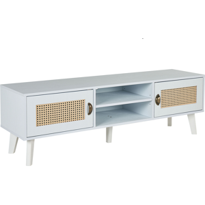 Beliani TV Stand White with Beige MDF with Faux Rattan Fronts 2 Cabinets 2 Open Shelves Cable Management Vintage Style Material:MDF Size:39x45x140