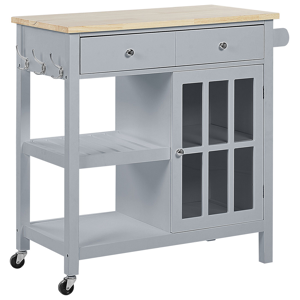 Beliani Kitchen Trolley Grey MDF Light Wood Top Storage Cabinet Shelves Drawers with Castors Scandinavian Material:MDF Size:43x88x80