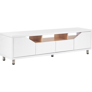 Beliani TV Stand White MDF High Gloss Cabinet Open Shelves 2 Cabinets 2 Drawers  Minimalistic  Material:MDF Size:40x44x160