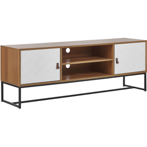 Beliani TV Stand Light Wood with White Metal Legs Rectangular For up to 75ʺ TV Media Unit with Shelves Doors Cable Management Living Room Furniture Material:MDF Size:40x55x150