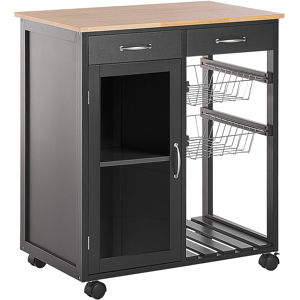 Beliani Kitchen Trolley Black Pine Wood 2 Drawers 1 Cabinet 2 Racks Castors Living Room  Material:MDF Size:48x88x76