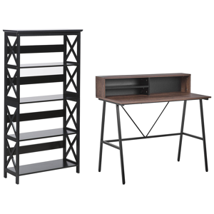 Beliani Home Office Set Desk Bookcase Dark Wood and Black Chipboard MDF Steel Legs Shelves Modern Living Room Study  Material:Chipboard Size:xx