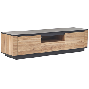 Beliani TV Stand Light Wood and Black MDF 1 Drawers 2 Cabinets Cable Grommet Modern Style  Material:Particle Board Size:40x39x152