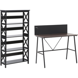 Beliani Home Office Set Desk Bookcase Dark Wood and Black Chipboard MDF Steel Legs Shelves Modern Living Room Study  Material:Chipboard Size:xx