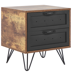Beliani Bedside Table Dark Wood with Black Particle Board 2 Drawers Nightstand Hairpin Legs Industrial Style Bedroom Furniture Material:Particle Board Size:39x48x45