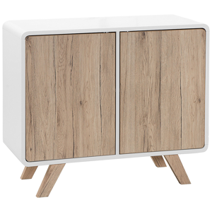 Beliani Sideboard Light Wood Veneer and White 76 x 90 x 40 cm with Pine Wood Legs 2 Doors