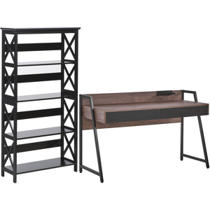 Beliani Home Office Set Desk Bookcase Dark Wood and Black Chipboard MDF Steel Legs Drawers Shelves Modern Living Room Study  Material:Chipboard Size:xx