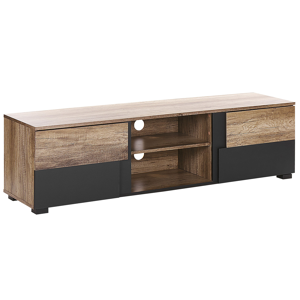 Beliani TV Stand Light Wood and Black Particle Board for 68'' TV Shelves Doors Cable Management Holes Modern Design Material:Particle Board Size:40x40x148