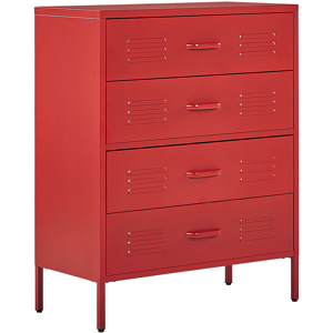 Beliani 4 Drawer Chest Red Metal Steel Storage Cabinet Industrial Style for Home Office Living Room Material:Steel Size:40x102x80