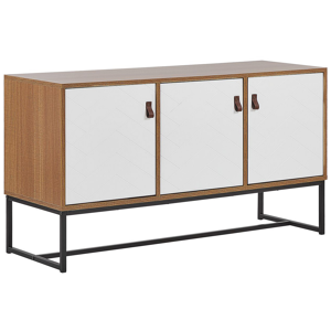 Beliani Sideboard Light Wood with White Metal Legs Rectangular Storage Cabinet TV Stand 3 Compartments Doors 62 x 112 cm Living Room Furniture Material:MDF Size:39x62x112