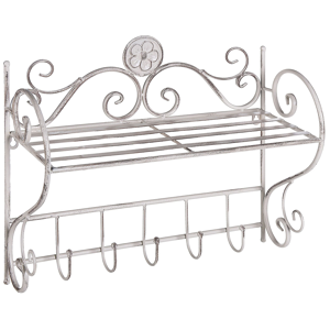 Beliani Bathroom Wall Shelf White Metal 42 x 47 cm Distressed Effect Floating Single Shelf with Hooks Vintage Style Material:Iron Size:18x42x47