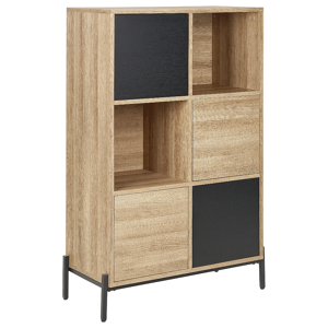 Beliani Bookcase Light Wood and Grey MDF Paper Finish 4 Cabinets 2 Open Shelves Low Bookshelf Material:MDF Size:40x135x80