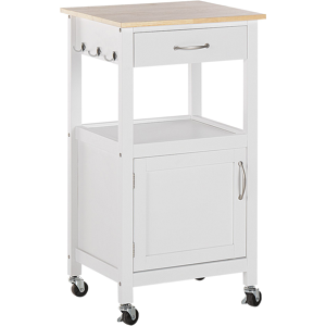 Beliani Kitchen Trolley White and Light Wood Top MDF 48 x 39 x 89 cm Cabinet Towel Rack Cutlery Drawer Casters Material:MDF Size:39x89x48