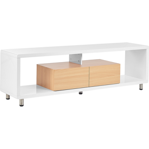 Beliani TV Stand White and Light Wood MDF High Gloss Cabinet Open Shelves 2 Drawers Minimalistic  Material:MDF Size:39x50x159