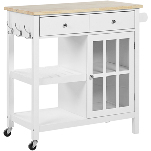 Beliani Kitchen Trolley White MDF Light Wood Top Storage Cabinet Shelves Drawers with Castors Scandinavian Material:MDF Size:43x88x80