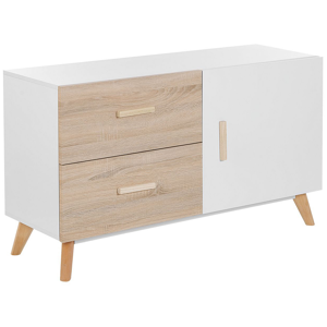 Beliani Sideboard White and Light Wood MDF 2 Drawers Shelves Cabinet Wooden Legs Storage Living Room Material:MDF Size:40x70x120