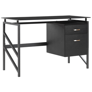 Beliani Home Office Desk Black Metal Frame Tempered Glass Top 117 x 57 cm Storage Drawers Modern Industrial Design  Material:MDF Size:57x76x117