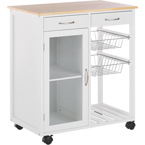 Beliani Kitchen Trolley White Pine Wood 2 Drawers 1 Cabinet 2 Racks Castors Living Room  Material:MDF Size:48x88x76