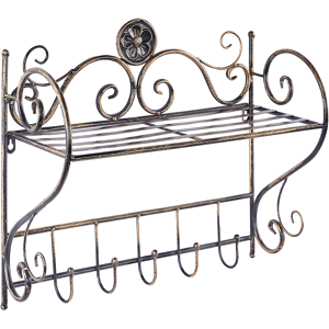 Beliani Bathroom Wall Shelf Black Metal 42 x 47 cm Distressed Effect Floating Single Shelf with Hooks Vintage Style Material:Iron Size:18x42x47