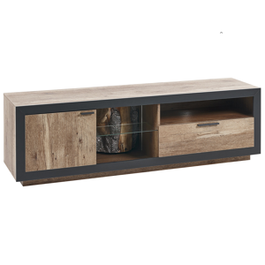 Beliani TV Stand Light Wood and Black Manufactured Wood Drawer Cabinet Backlight Function Boho Style Sideboard Material:MDF Size:42x51x160