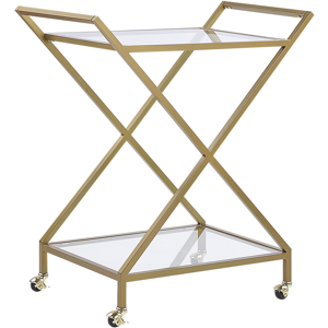 Beliani Kitchen Trolley Gold Metal Frame Clear Glass Tops Glamour Bar Cart with Lockable Castors Material:Iron Size:44x84x78