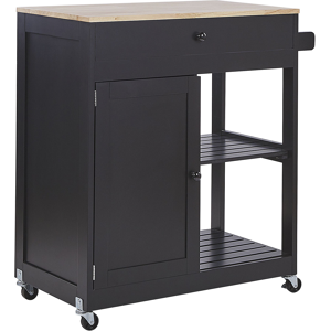 Beliani Kitchen Trolley Black MDF Rubberwood 75 x 43 x 87 cm Cabinet Towel Rack 2 Shelves Cutlery Drawer Castors Material:MDF Size:44x87x75