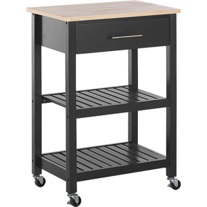 Beliani Kitchen Trolley Black Rubberwood MDF 58 x 40 x 85 cm 2 Shelves Cutlery Drawer Bottle Rack Casters Material:Rubberwood Size:40x85x58