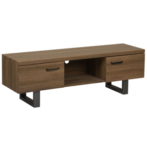 Beliani TV Stand Dark Wood with Grey Metal Base Storage Shelf Cabinets Industrial Cable Management Minimalist Media Unit Material:MDF Size:41x47x140