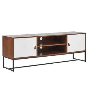Beliani TV Stand Dark Wood with White Metal Legs Rectangular For up to 75ʺ TV Media Unit with Shelves Doors Cable Management Living Room Furniture Material:MDF Size:40x55x150