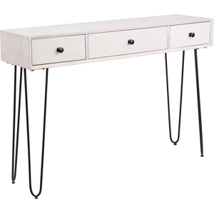 Beliani Console Table Off White Mango Wood with 3 Drawers Distressed Effect Sideboard Slim Rustic Style Side Table Material:Mango Wood Size:30x77x110