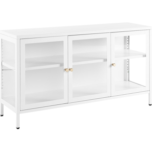 Beliani 3 Door Sideboard White Steel Tempered Glass Adjustable Shelves Leg Caps Living Room Furniture Modern Design Material:Steel Size:35x65x115