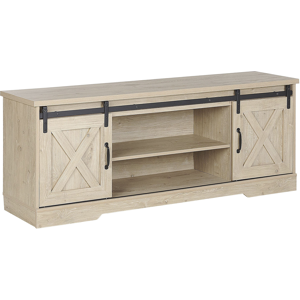 Beliani TV Stand Light Wood Storage Media Unit for up to 70ʺ TV with Shelves Sliding Doors Rustic Style Material:MDF Size:40x60x150