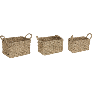 Beliani Set of 3 Storage Baskets Light Seagrass Handmade with Handles Shelving Box Boho Design Material:Seagrass Size:24/27/30x14/16/18x14/17/20