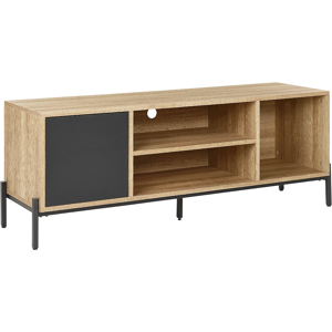 Beliani TV Stand Light Wood and Grey MDF Paper Finish 1 Cabinet 2 Open Shelves Low board Storage  Material:MDF Size:40x56x140